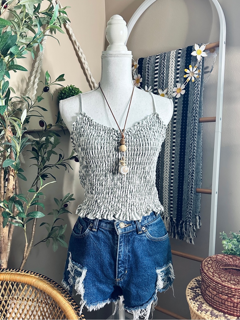 American Eagle Sage Stripe Smocked Ruffle Crop Tank Top L